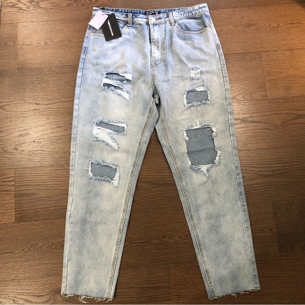 PRETTY LITTLE THING Mom Jeans Womens Size 12 Light Wash Extreme Distressed NWT